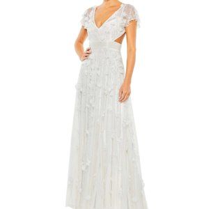 Mac Duggal Embellished Lace Up Flowy Gown White